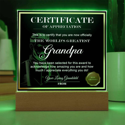 Certificate of Appreciation - The World's Greatest Grandpa Acrylic Plaque