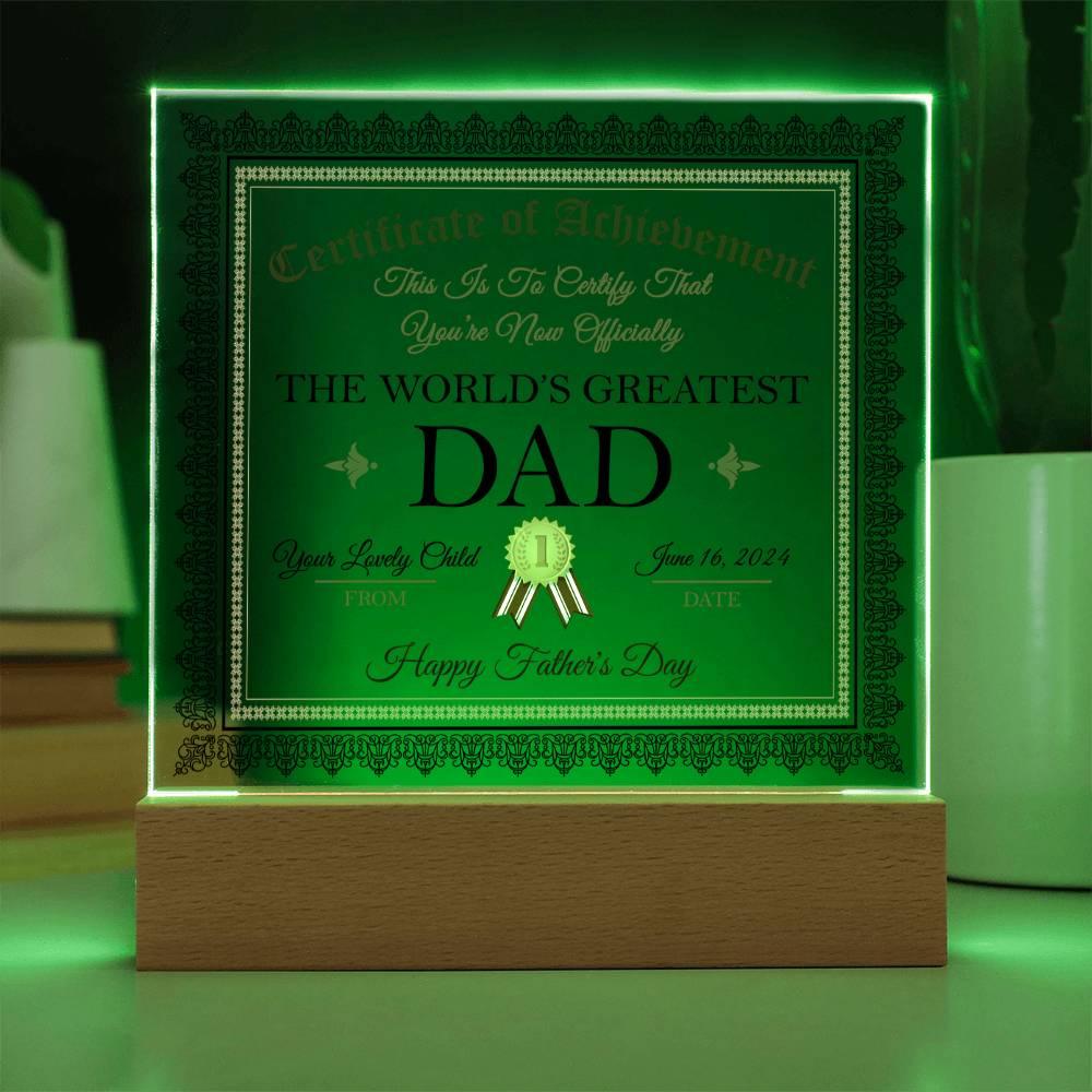 Father's Day Gift Certificate of Achievement for The World's Greatest Dad Personalized Acrylic Plaque