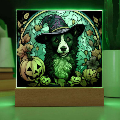 Dog Halloween Portrait Stained Glass Acrylic Plaque with LED Lighted Wooden Base