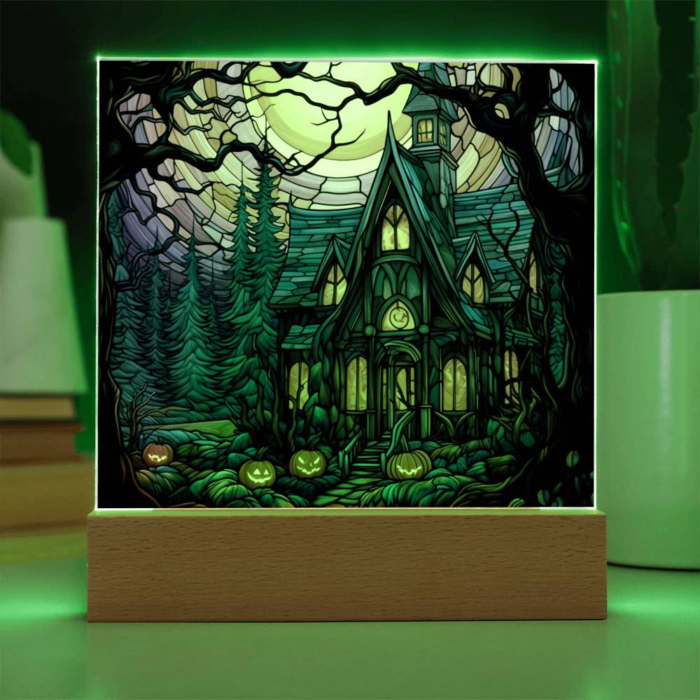 Spooky Halloween Mansion Acrylic Square Plaque with LED Lighted Wooden Base