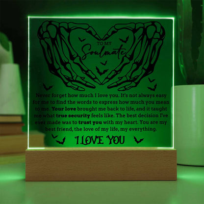 Soulmate - True Security - Halloween Acrylic Square Plaque with LED Lighted Wooden Base