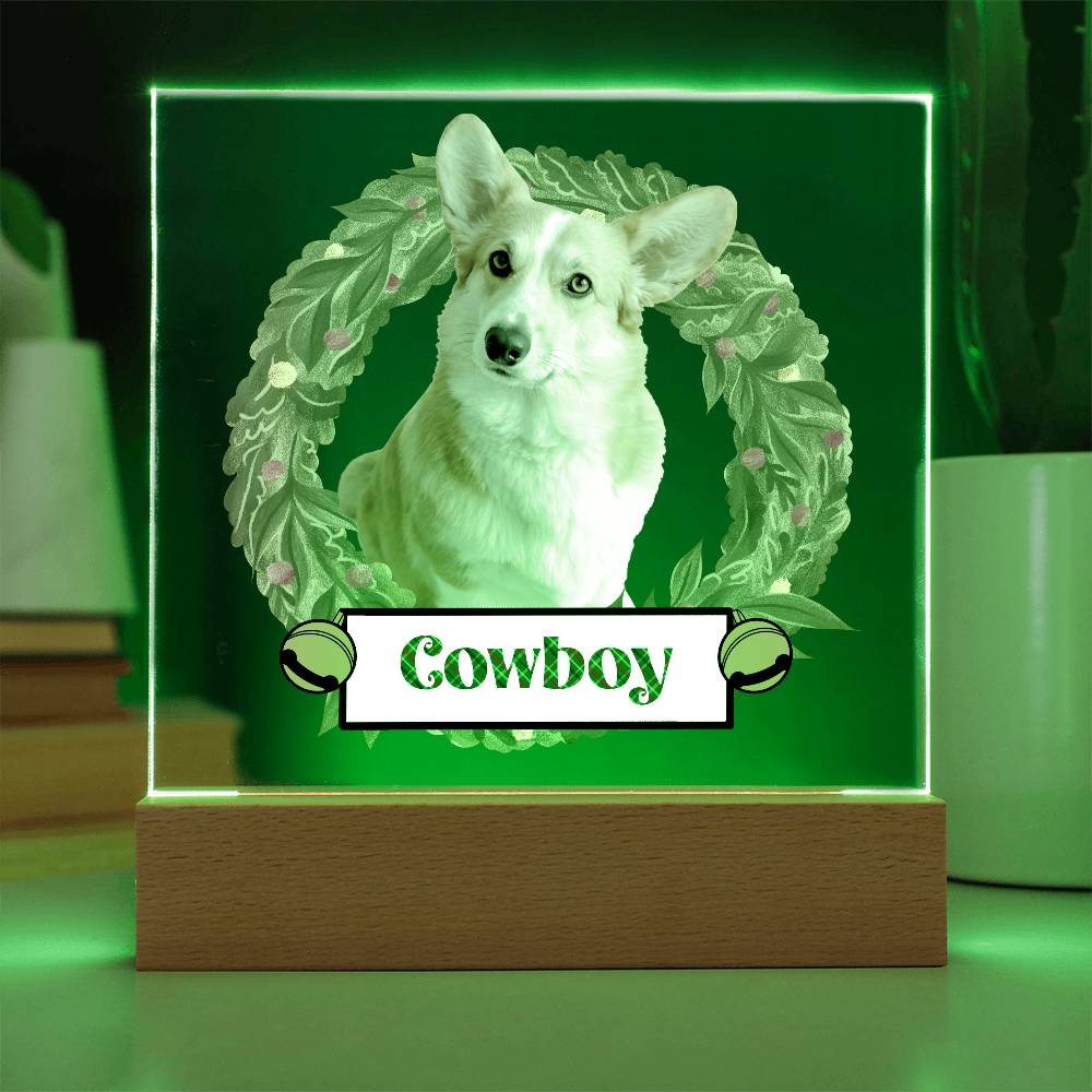 Pet Personalized Holiday Wreath Photo Upload Keepsake Acrylic Plaque with Lighted LED Wooden Base