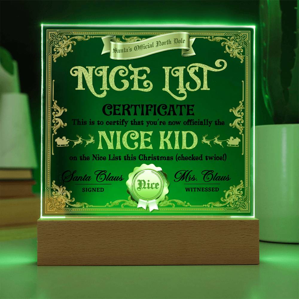 Christmas Decor - Nice Kid List Certificate Acrylic Square Plaque with LED Wooden Base