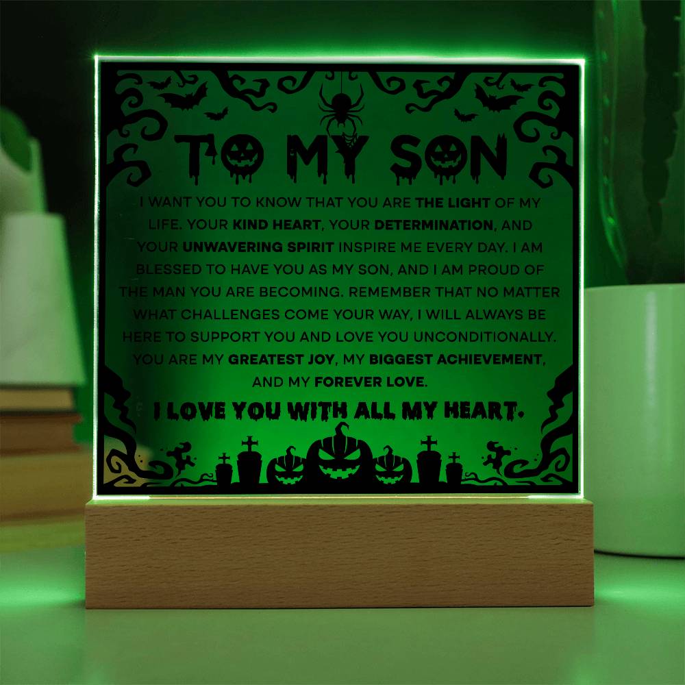 Son - Proudest Achievement - Halloween Acrylic Square Plaque with LED Wooden Base