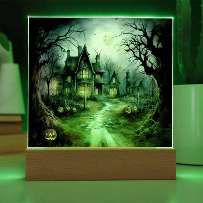 Ghostly Manor: Halloween Acrylic Square Plaque with LED Lighted Wooden Base