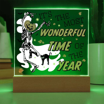 Halloween Decor - The Most Wonderful Time of the Year Acrylic Square Plaque with LED Wooden Base