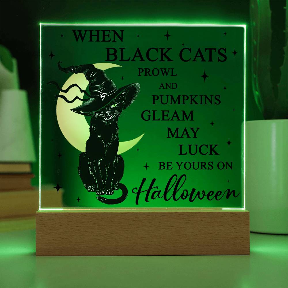 Halloween Decor - Black Cats and Pumpkins Gleam Acrylic Square Plaque with LED Wooden Base