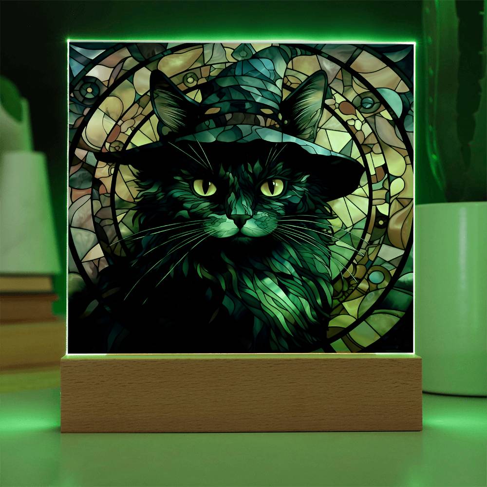 Halloween Decor - Spooky Black Cat Acrylic Square Plaque with LED Wooden Base