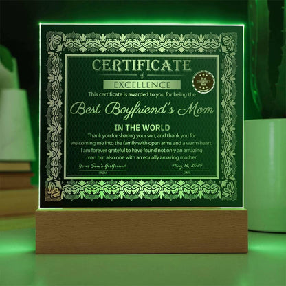 Best Boyfriend's Mom Certificate of Excellence Mother's Day Acrylic Plaque