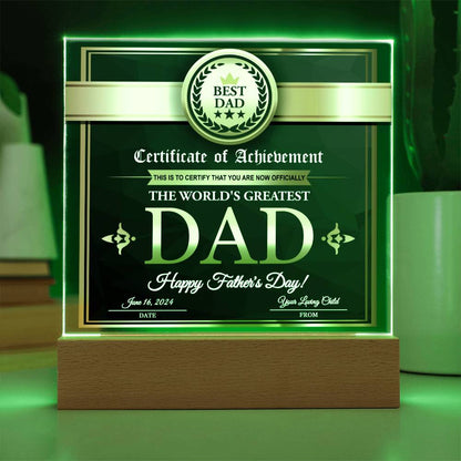 Certificate of Achievement for the World's Greatest Dad Personalized Acrylic Plaque