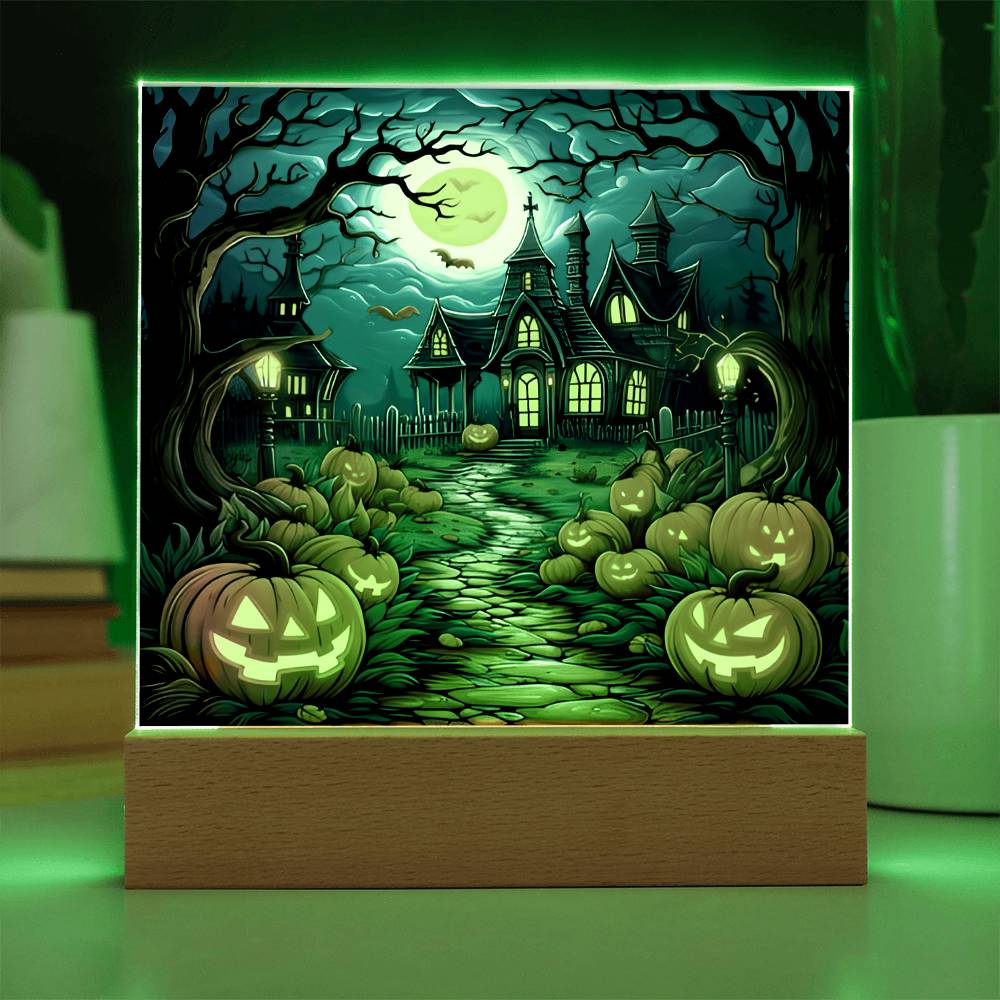 Halloween Decor Haunted Mansion Acrylic Square Plaque with LED Wooden Base