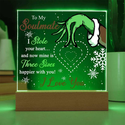 Soulmate Gift - Stole My Heart - Christmas Acrylic Plaque with Lighted LED wooden Base