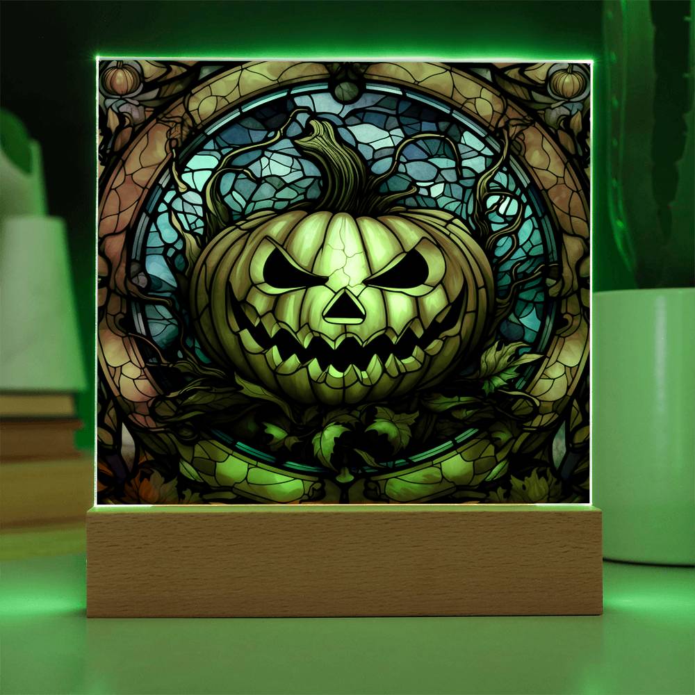 Halloween Pumpkin Stained-Glass Acrylic Square Plaque with LED Wooden Base