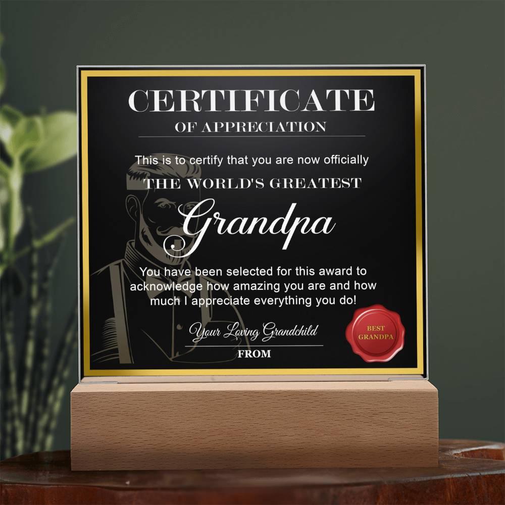 Certificate of Appreciation - The World's Greatest Grandpa Acrylic Plaque