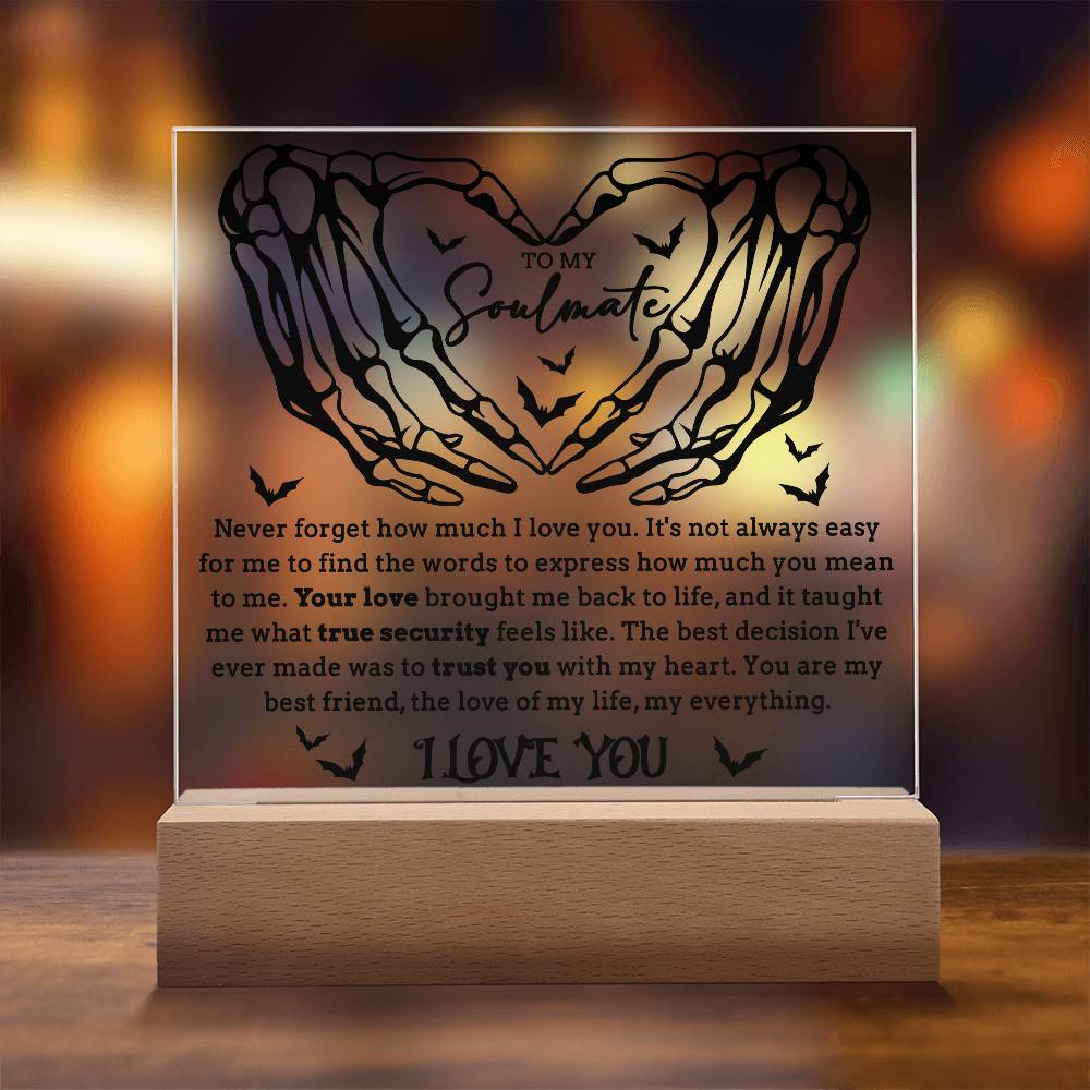 Soulmate - True Security - Halloween Acrylic Square Plaque with LED Lighted Wooden Base