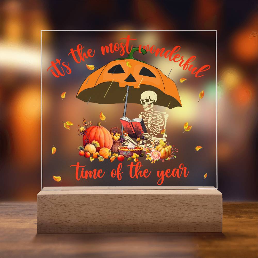 Halloween Decor - Most Wonderful Time of The Year Acrylic Square Plaque with LED Wooden Base