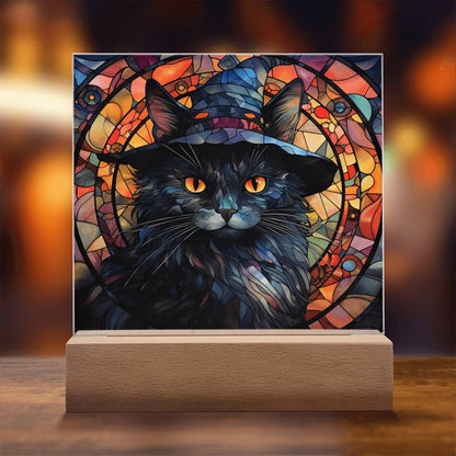 Halloween Decor - Spooky Black Cat Acrylic Square Plaque with LED Wooden Base