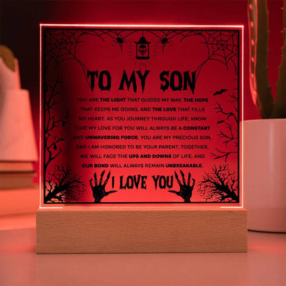 Son - Unwavering Force - Halloween Acrylic Square Plaque with LED Wooden Base