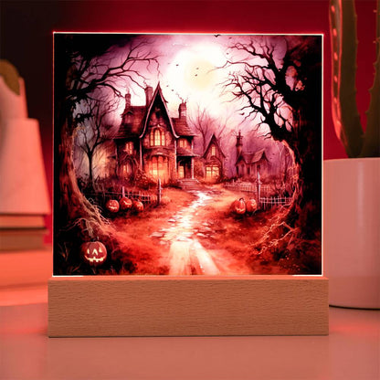 Ghostly Manor: Halloween Acrylic Square Plaque with LED Lighted Wooden Base