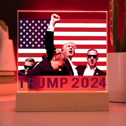 Trump 2024 Butler Rally Acrylic Plaque with LED Lighted Wooden Base