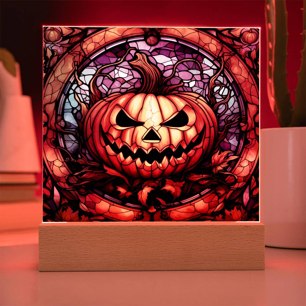 Halloween Pumpkin Stained-Glass Acrylic Square Plaque with LED Wooden Base