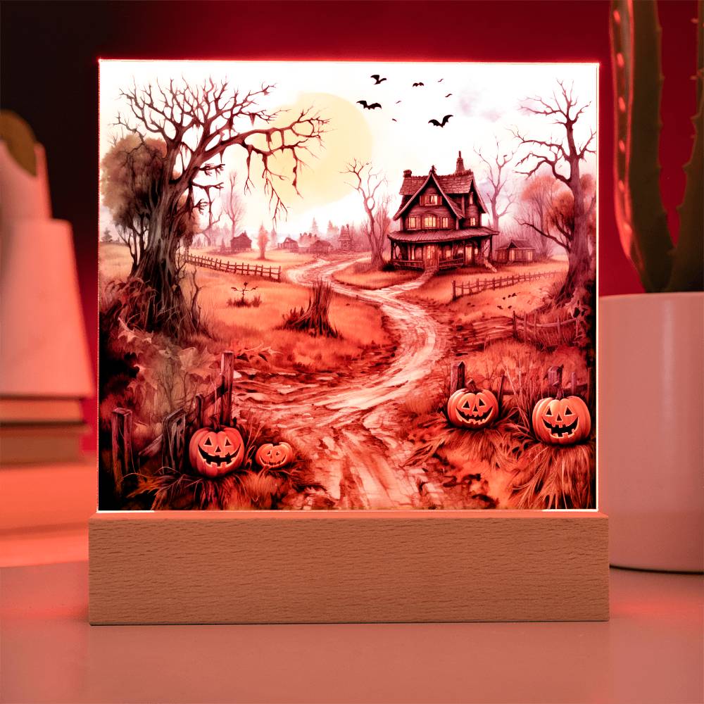 Haunted Elegance: Spooky Halloween Mansion Acrylic Square Plaque with LED Lighted Wooden Base