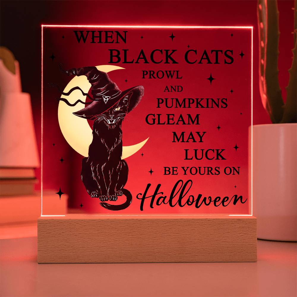 Halloween Decor - Black Cats and Pumpkins Gleam Acrylic Square Plaque with LED Wooden Base