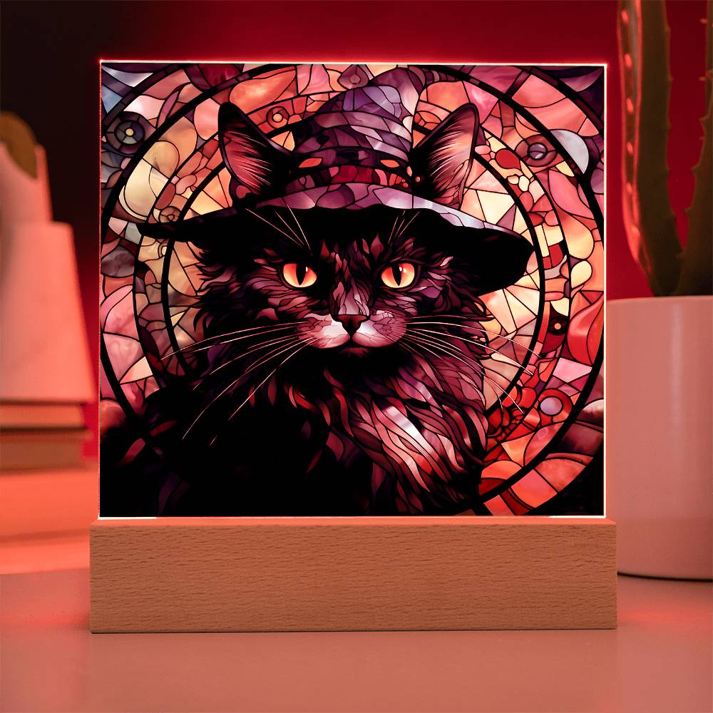 Halloween Decor - Spooky Black Cat Acrylic Square Plaque with LED Wooden Base