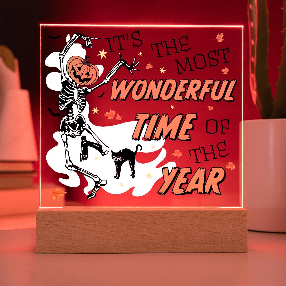 Halloween Decor - The Most Wonderful Time of the Year Acrylic Square Plaque with LED Wooden Base