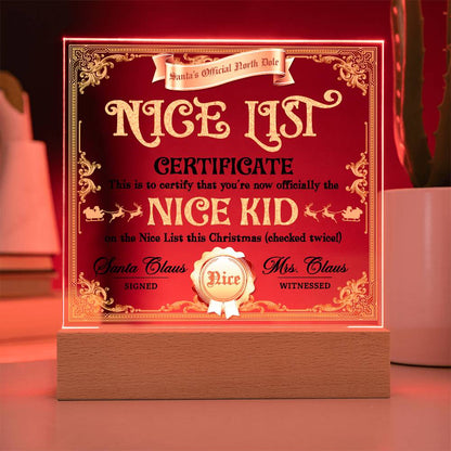 Christmas Decor - Nice Kid List Certificate Acrylic Square Plaque with LED Wooden Base