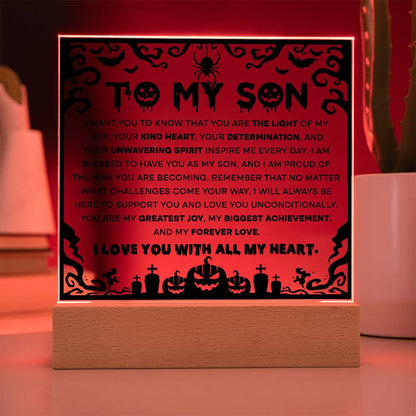 Son - Proudest Achievement - Halloween Acrylic Square Plaque with LED Wooden Base