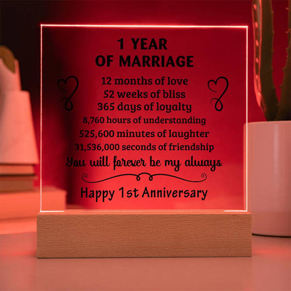 Anniversary Gift - One Year Of Marriage Acrylic Square Plaque with LED Wooden Base