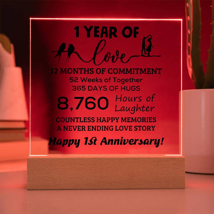 Anniversary Gift One Year of Love, Countless Happy Memories Acrylic Square Plaque with LED Wooden Base