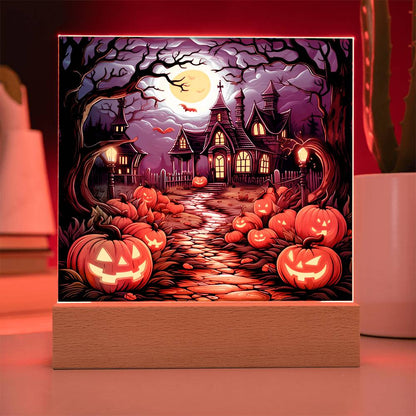 Halloween Decor Haunted Mansion Acrylic Square Plaque with LED Wooden Base