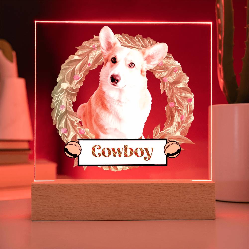 Pet Personalized Holiday Wreath Photo Upload Keepsake Acrylic Plaque with Lighted LED Wooden Base