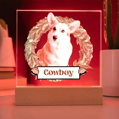 Pet Personalized Holiday Wreath Photo Upload Keepsake Acrylic Plaque with Lighted LED Wooden Base