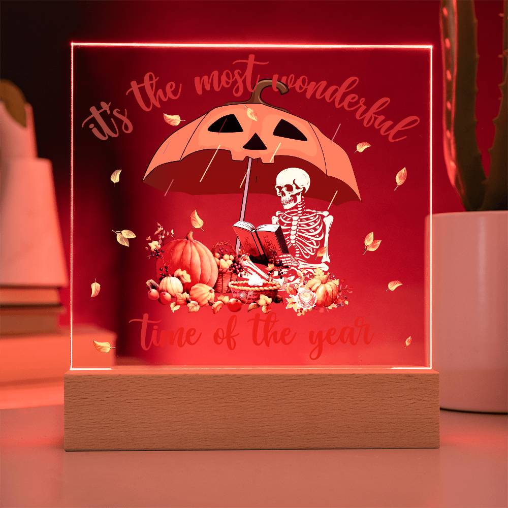 Halloween Decor - Most Wonderful Time of The Year Acrylic Square Plaque with LED Wooden Base