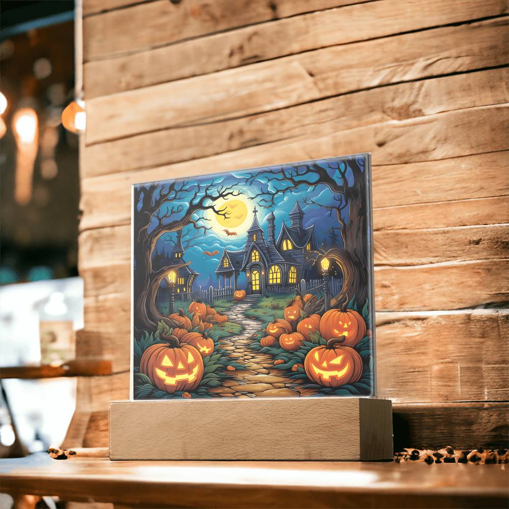 Halloween Decor Haunted Mansion Acrylic Square Plaque with LED Wooden Base