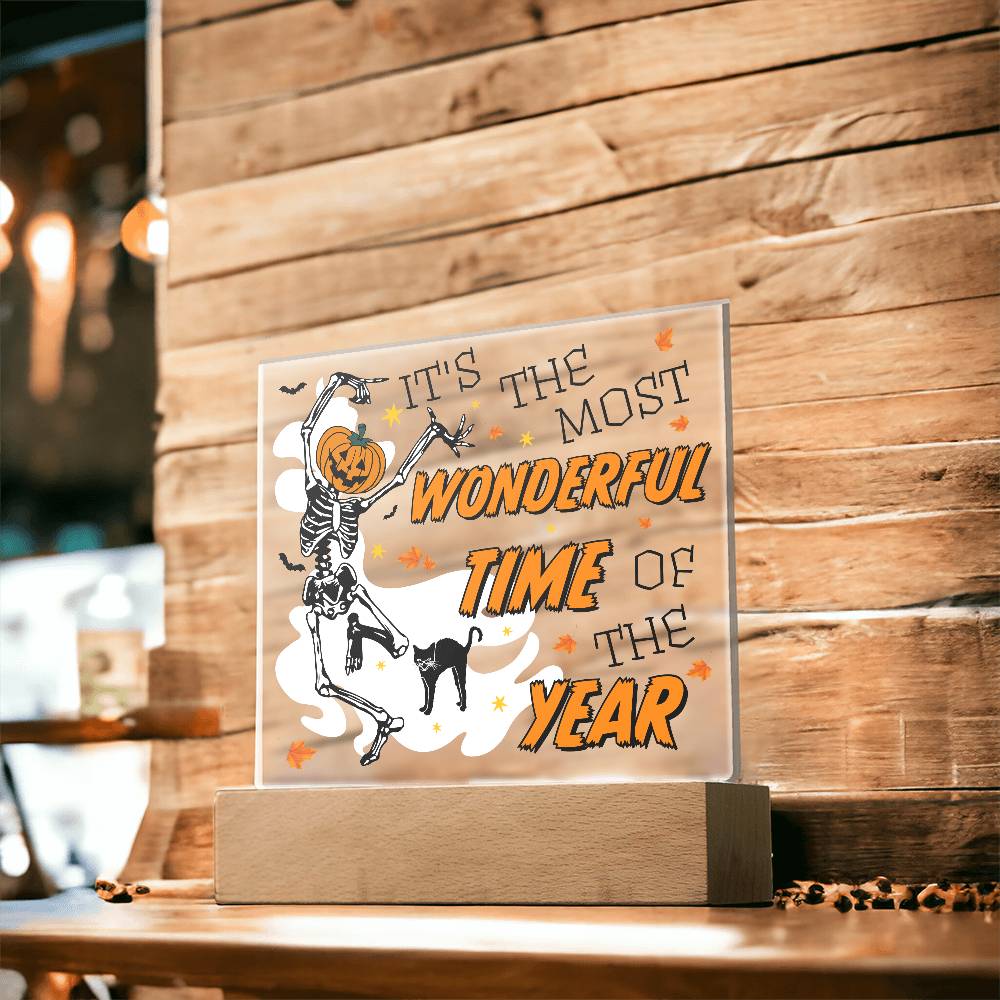 Halloween Decor - The Most Wonderful Time of the Year Acrylic Square Plaque with LED Wooden Base