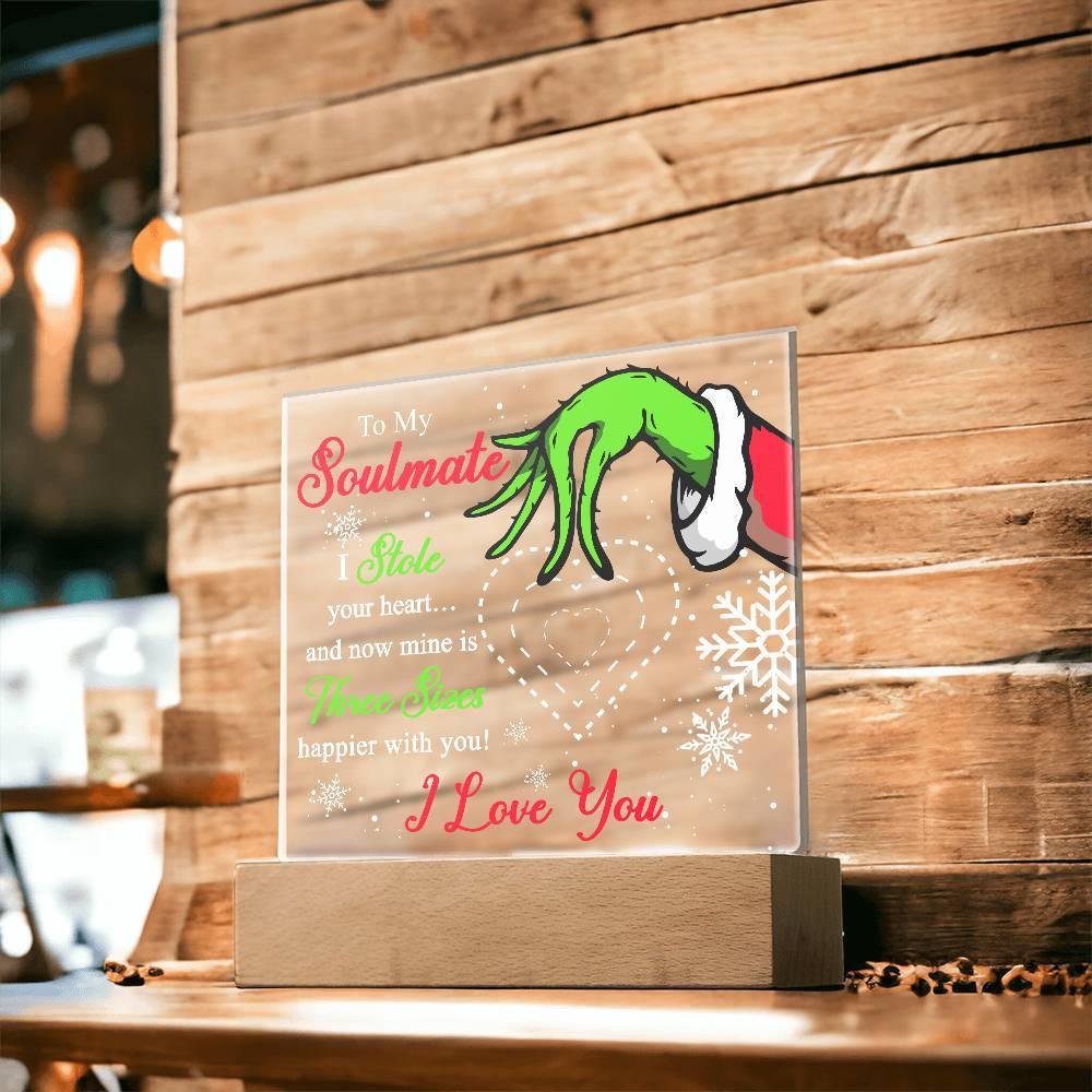 Soulmate Gift - Stole My Heart - Christmas Acrylic Plaque with Lighted LED wooden Base