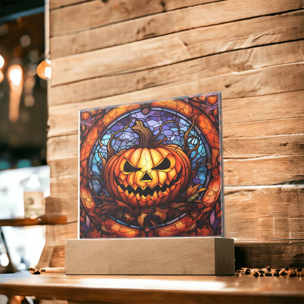 Halloween Pumpkin Stained-Glass Acrylic Square Plaque with LED Wooden Base