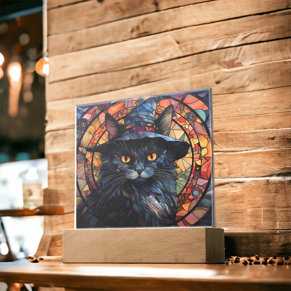 Halloween Decor - Spooky Black Cat Acrylic Square Plaque with LED Wooden Base