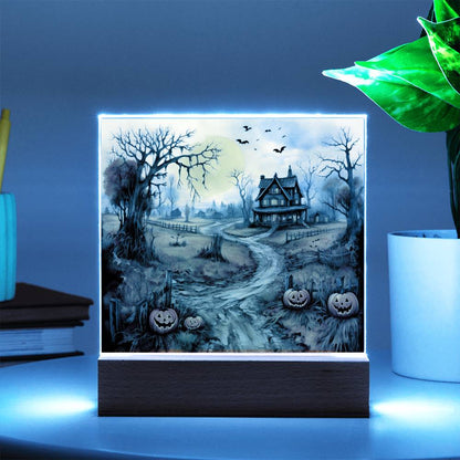 Haunted Elegance: Spooky Halloween Mansion Acrylic Square Plaque with LED Lighted Wooden Base