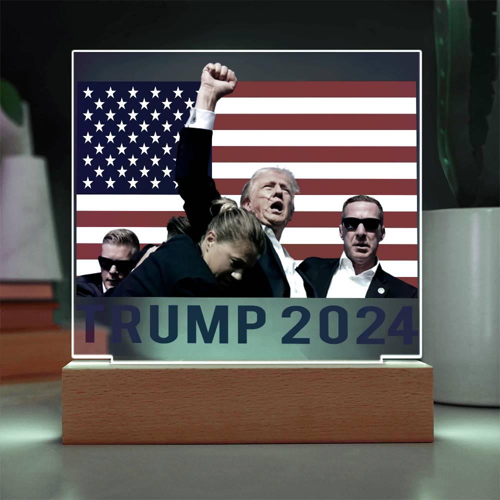 Trump 2024 Butler Rally Acrylic Plaque with LED Lighted Wooden Base