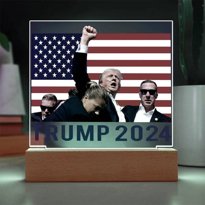 Trump 2024 Butler Rally Acrylic Plaque with LED Lighted Wooden Base