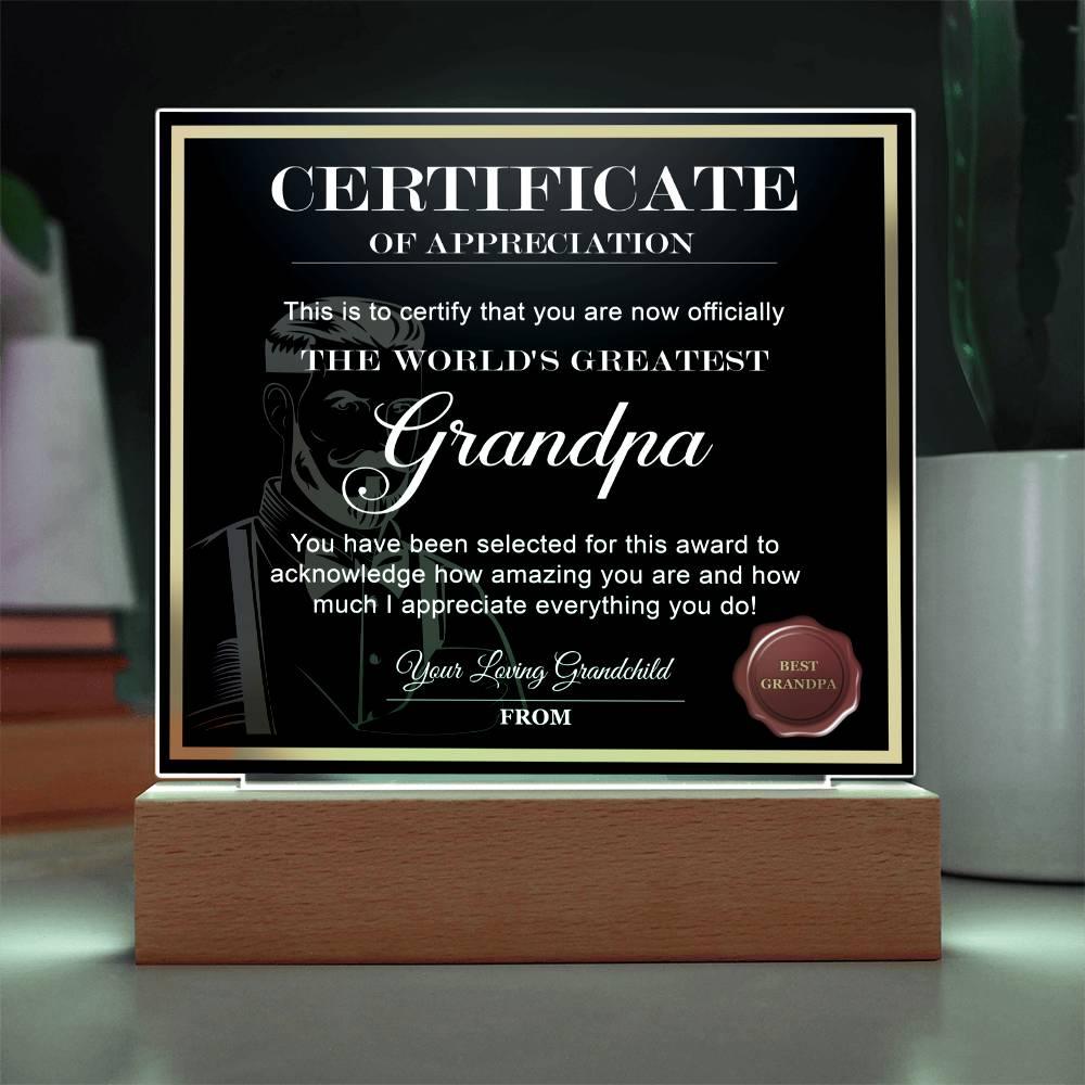 Certificate of Appreciation - The World's Greatest Grandpa Acrylic Plaque