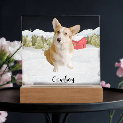 Pet Personalized Holiday Photo Upload Acrylic Plaque with Lighted LED Wooden Base