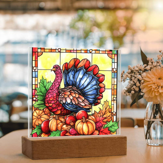 Thanksgiving Turkey Stained-glass Acrylic Square LED Lighted Wooden Base