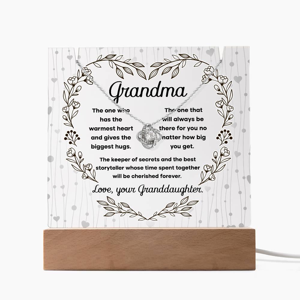 Grandmother - Biggest Hugs, The Keeper of Secrets - Keepsake Acrylic Plaque with Love Knot Necklace