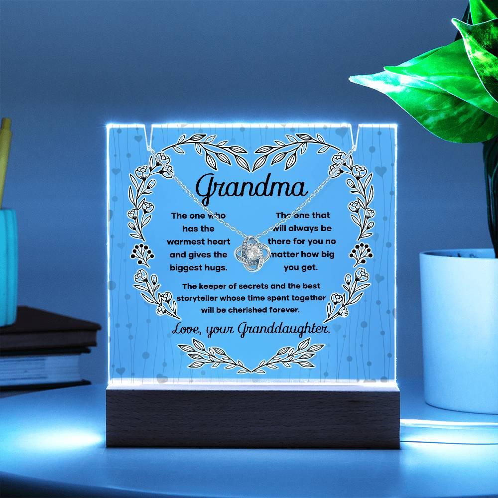 Grandmother - Biggest Hugs, The Keeper of Secrets - Keepsake Acrylic Plaque with Love Knot Necklace